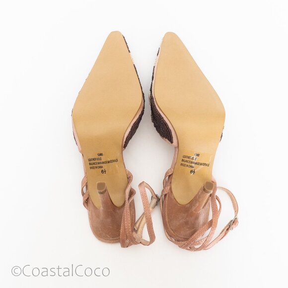 Newport News Velvet Beaded Rhinestone Heels 6.5 Neutral Blush Y2K Party Wedding - Picture 3 of 10